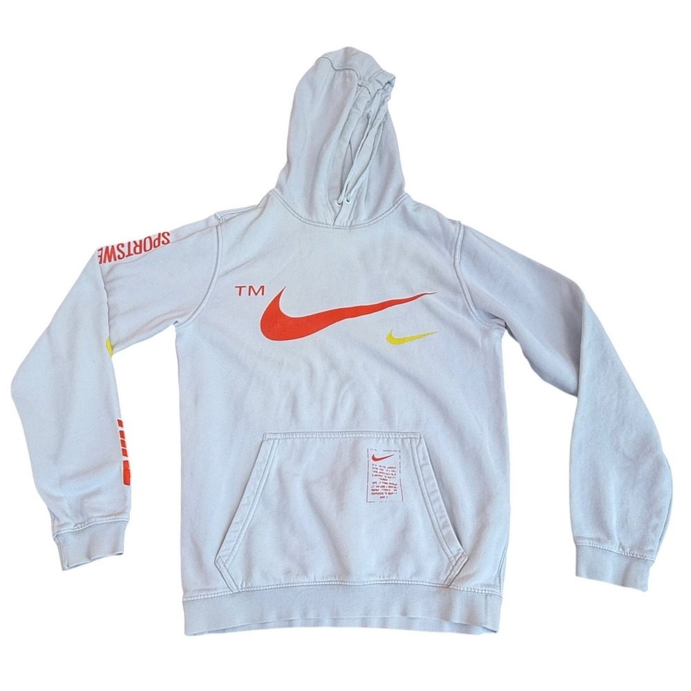 Nike Sportswear Hoodie Mens Small White Multi-Logo Graphic Pullover Gym Swoosh